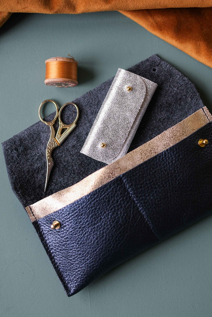 Studio Lowen Leather Maxi Notions Pouch - Metallic Navy, Gold