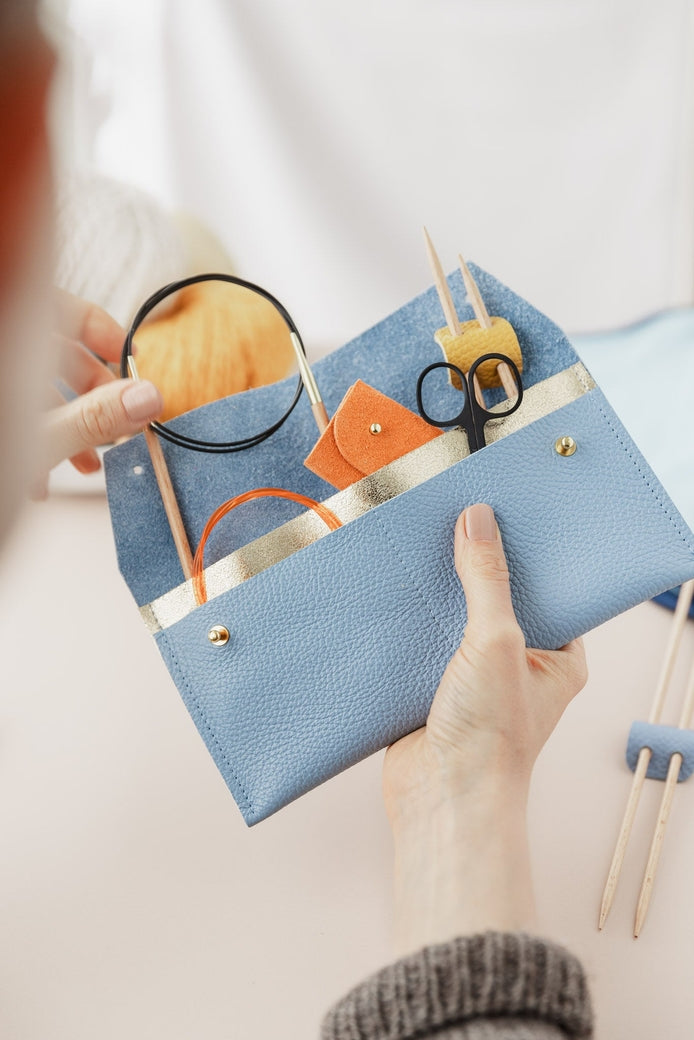 Studio Lowen Leather Maxi Notions Pouch - Powder Blue, Gold