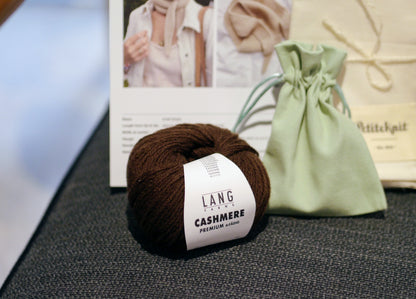 Premium Beginner's Knitting Kit - Cashmere PetiteKnit Sophie Scarf, Rich Brown