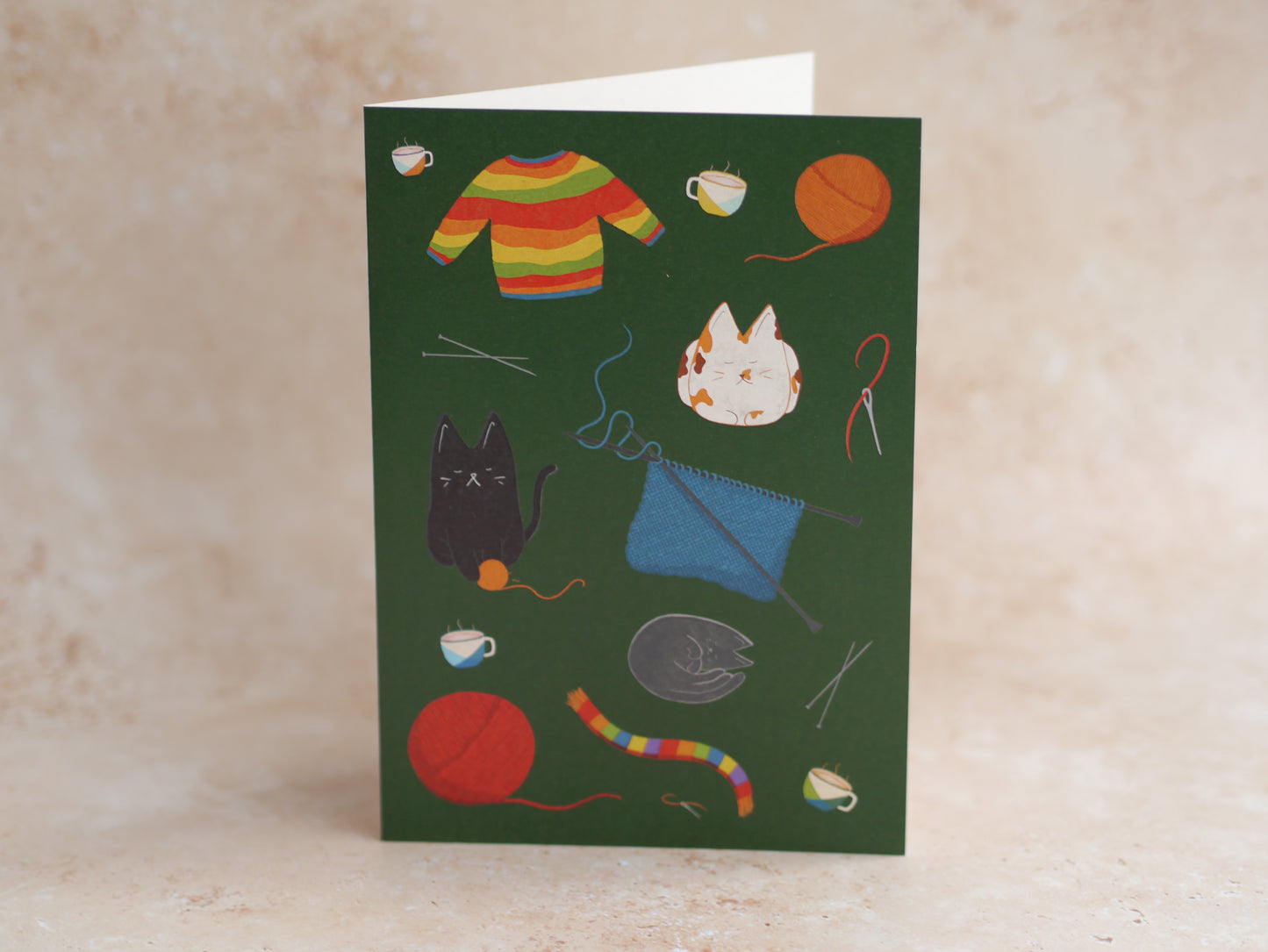 Knitting, Coffee & Cats - A5 Greetings Card